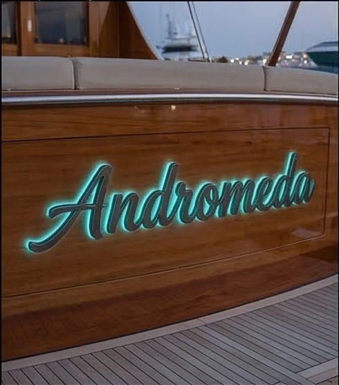Andromeda custom boat name sign in mirror-polished marine stainless steel